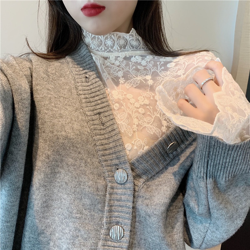 Áo lưới ren mỏng tay dài cổ tròn thời trang cho nữ MS180