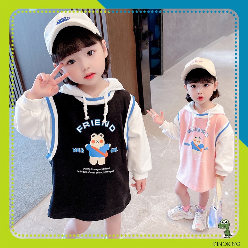 Áo hoodie bé gái dài tay DINOKING Váy đầm nỉ dài thu đông cho bé có mũ trùm đầu áo khoác nỉ da cá trẻ em 2-8 tuổi AK11