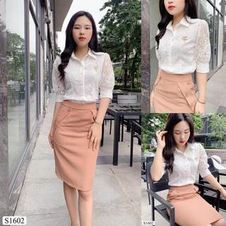 Set đồ nữ 👄 Đẹp DVC 💘  Set áo trắng ren hoa chân váy be S1602