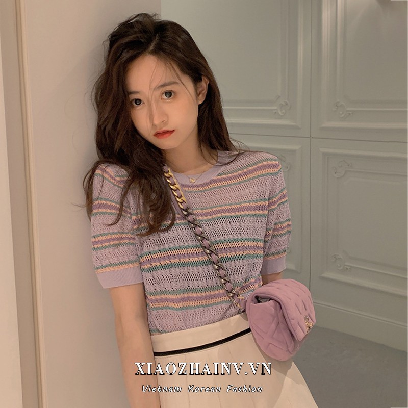 Áo dệt kim Xiaozhainv tay ngắn cổ tròn thời trang mùa hè cho nữ