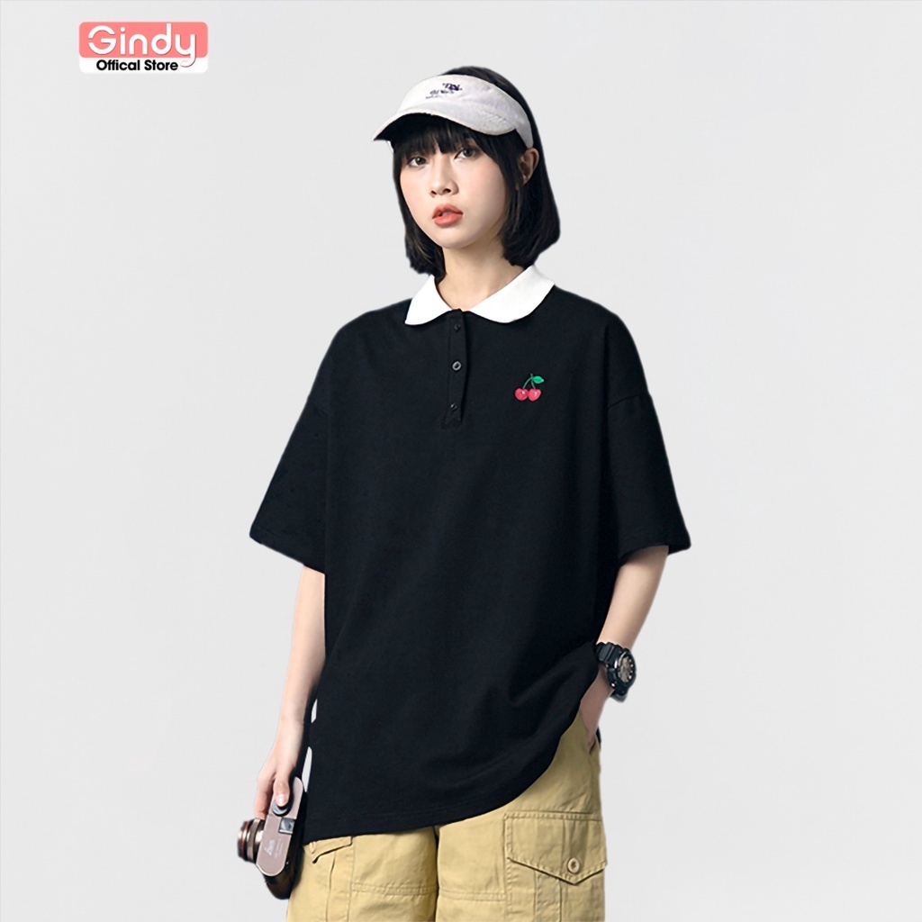 Áo phông thun nữ polo GINDY họa tiết hoa trái cây cổ bẻ cotton tay lỡ form rộng unisex basic vải cotton thoáng mát A012
