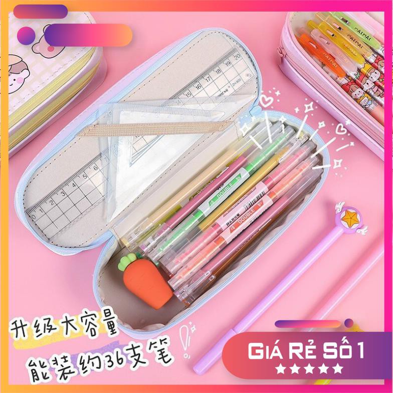 Hộp bút da PU nhiều ngăn hình thú, bóp viết 2 tầng cỡ to chống nước màu pastel cho bé gái