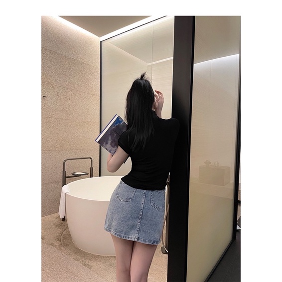 SALE Áo thun gân mịn cổ trụ tay dơi thanh lịch