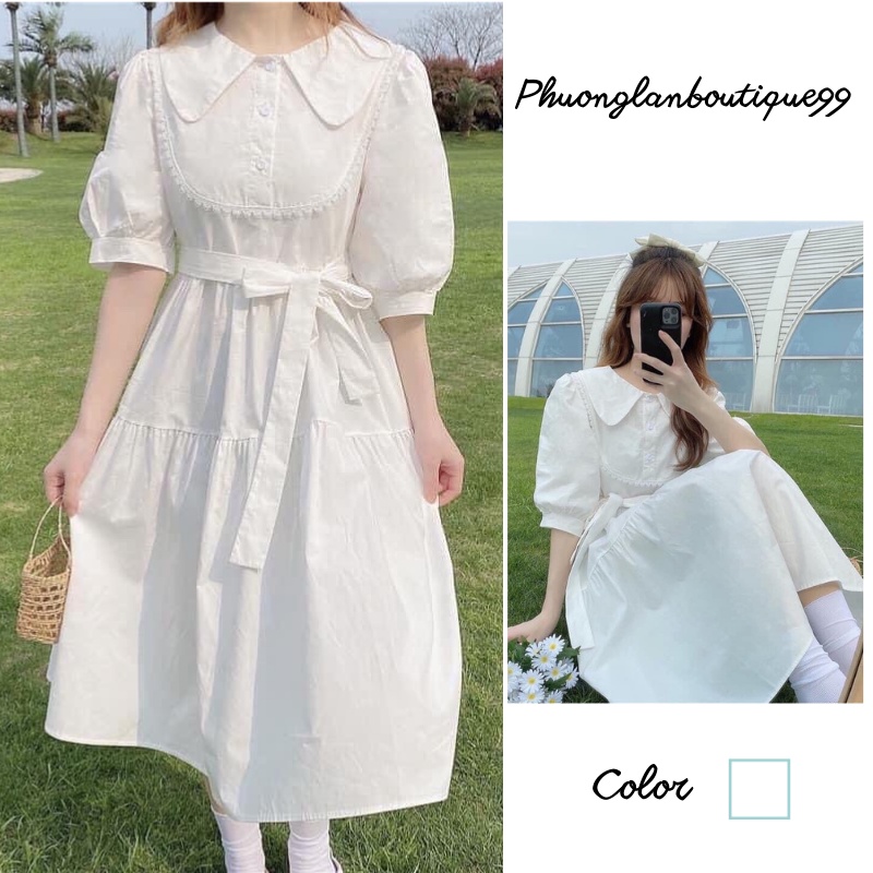 Váy Ulzzang, Váy tiểu thư cổ bẻ thắt dây eo dành cho nữ phong cách Hàn Quốc chất đũi mịn bánh bèo V11