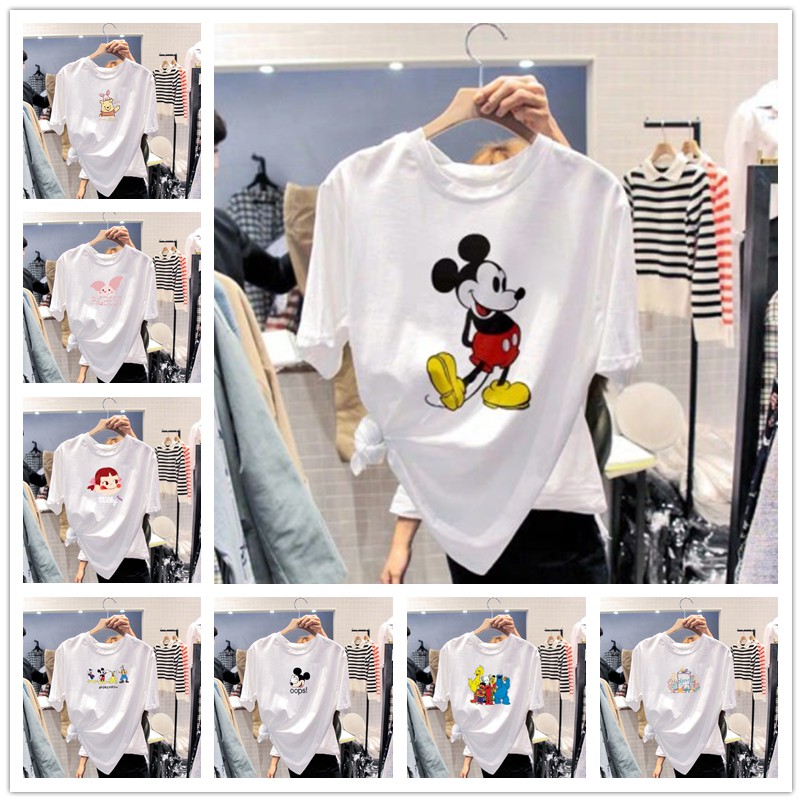 Hoạt Hình Áo Thun Cotton Tay Ngắn Cổ Tròn In Hình Chuột Mickey Phong Cách Hàn Quốc Thời Trang Cho Nữ