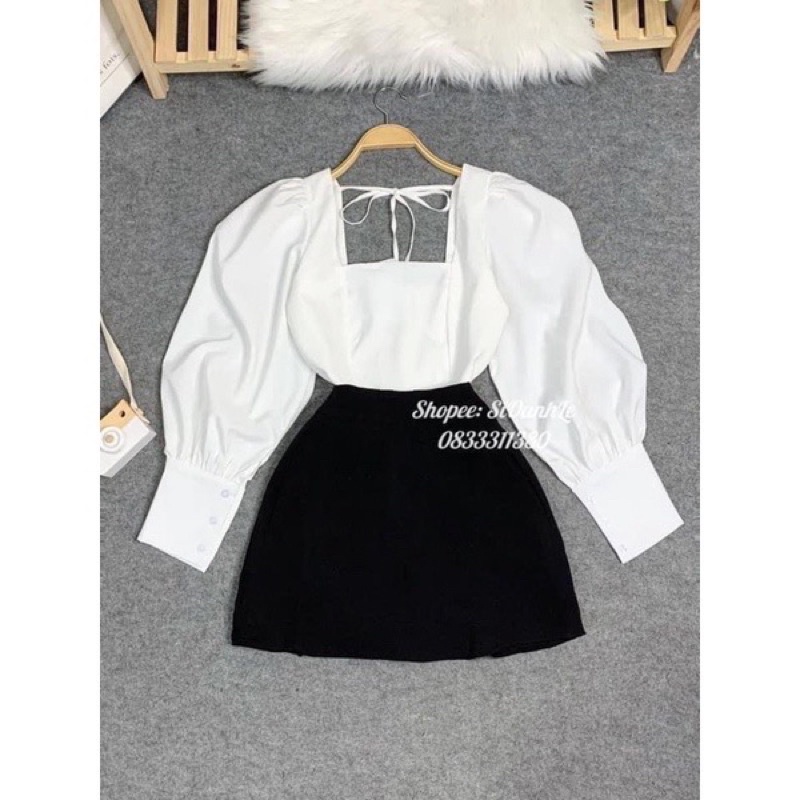 Áo kiểu tay phồng cột nơ lưng - màu đỏ, đen, trắng, vàng, hồng, nude - mặc đi chơi, đi tiệc