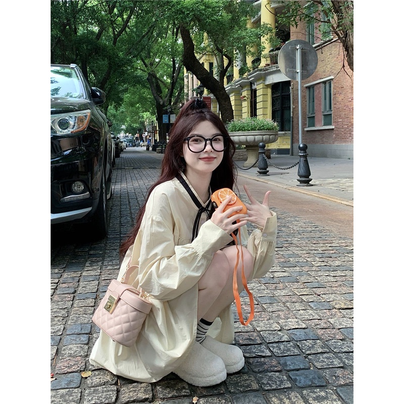 Đầm Tay Phồng Dài Lưng Cao Dáng Rộng Cột Dây Thời Trang Mùa Thu Phong Cách Pháp Cổ Điển Cho Nữ
