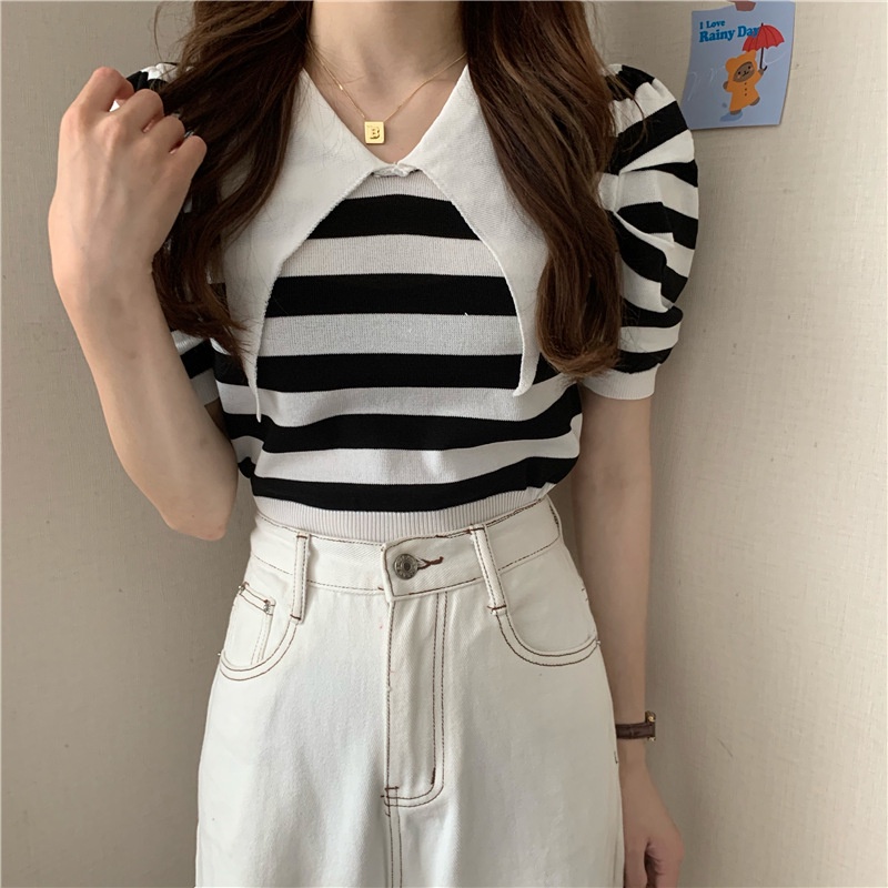 Áo thun IELGY tay ngắn cổ bẻ in họa tiết kẻ sọc nhiều màu sành điệu cho nữ