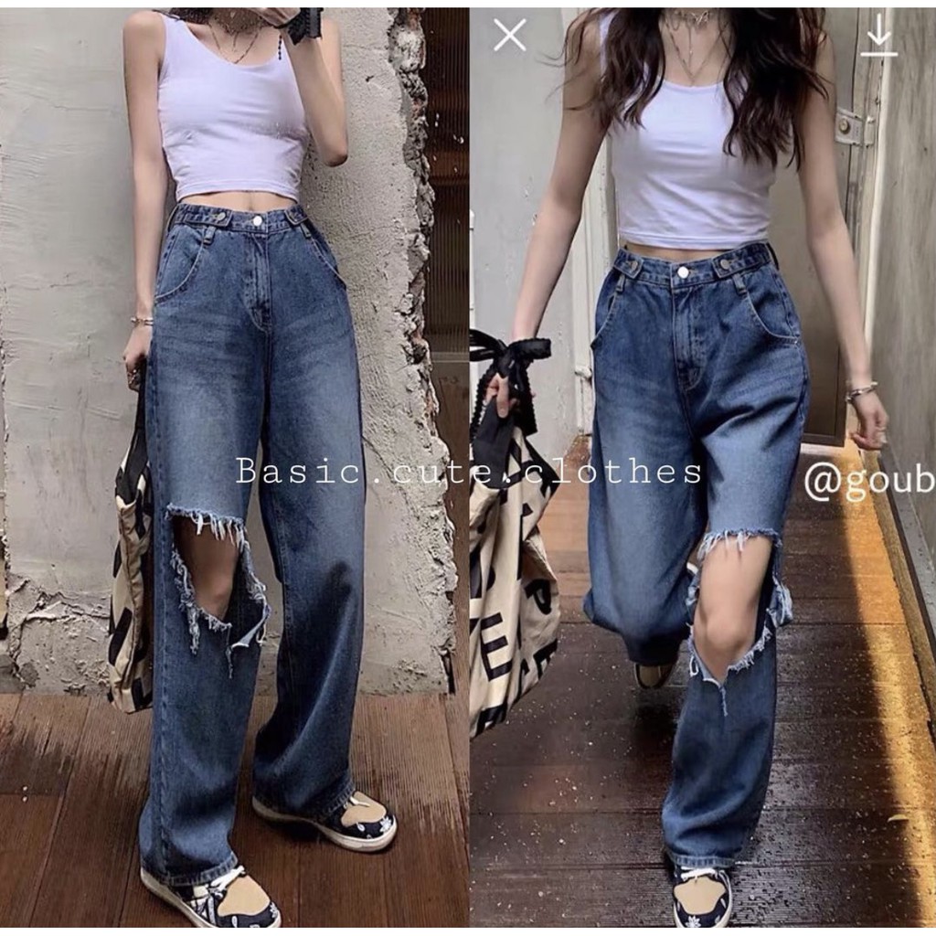 Quần jean nữ dáng suông rách gối màu xanh phong cách đường phố HÀNG SẴN
