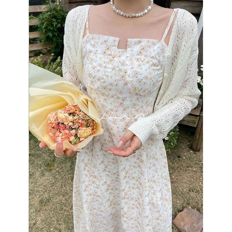 Bộ Áo Cardigan Hai Dây In Hoa + Chân Váy Lưng Cao Thời Trang Mùa Hè 2022