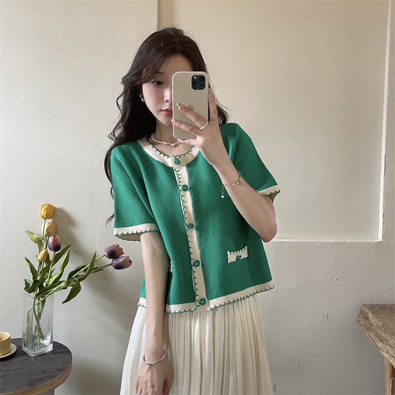 Áo croptop ZHELIHANGFEI dệt kim tay ngắn cổ tròn dễ phối đồ hợp thời trang cho nữ