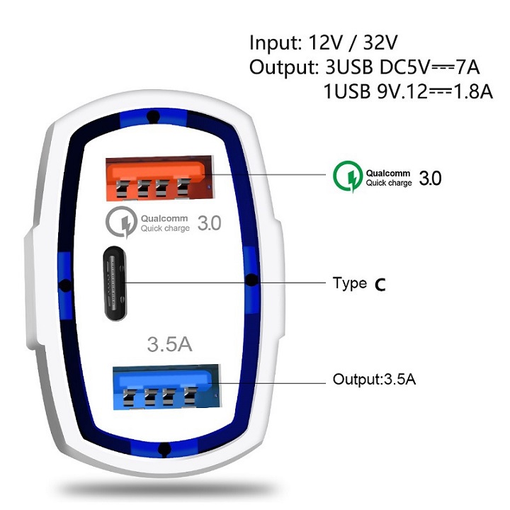 Tẩu sạc cho ô tô sạc nhanh Qualcom chuẩn PD,Q.C 3.0 cho Samsung,táo,Xiaomi