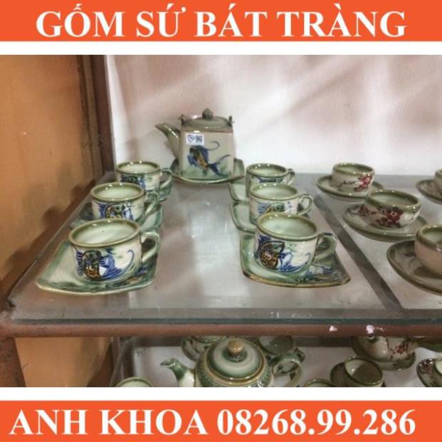 Bộ ấm chén vuông quai đồng - Gốm sứ Bát Tràng Anh Khoa