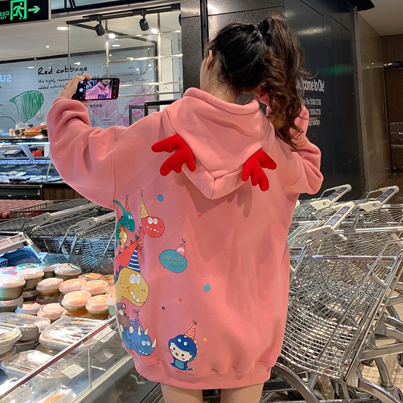 Áo hoodie nữ giáng sinh tay dài không có túi nón có sừng khủng long ulzzang ( 2 màu )