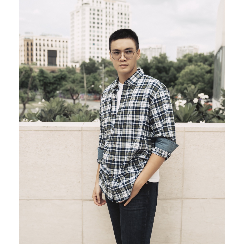 ÁO SƠ MI NAM TAY DÀI XUẤT DƯ BLUE MOUNTAIN MÀU TRẮNG XANH LÁ -FO76 SHOP