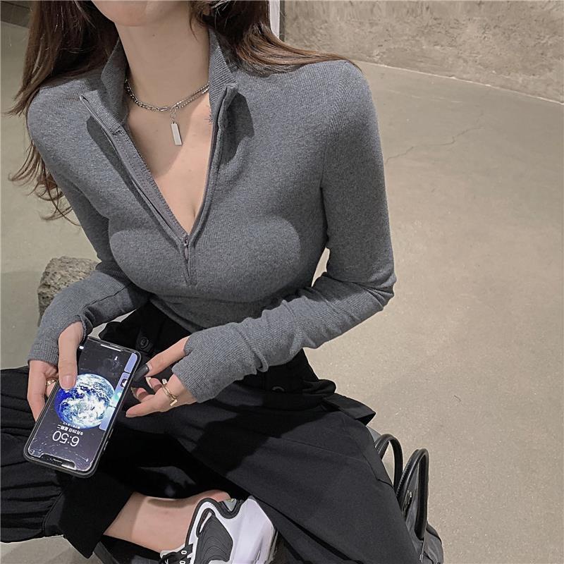 Áo Croptop Dài Tay Cổ Chữ V Phối Khóa Kéo Phong Cách Hàn Quốc Cho Áo phông Nữ NZ-TX-409