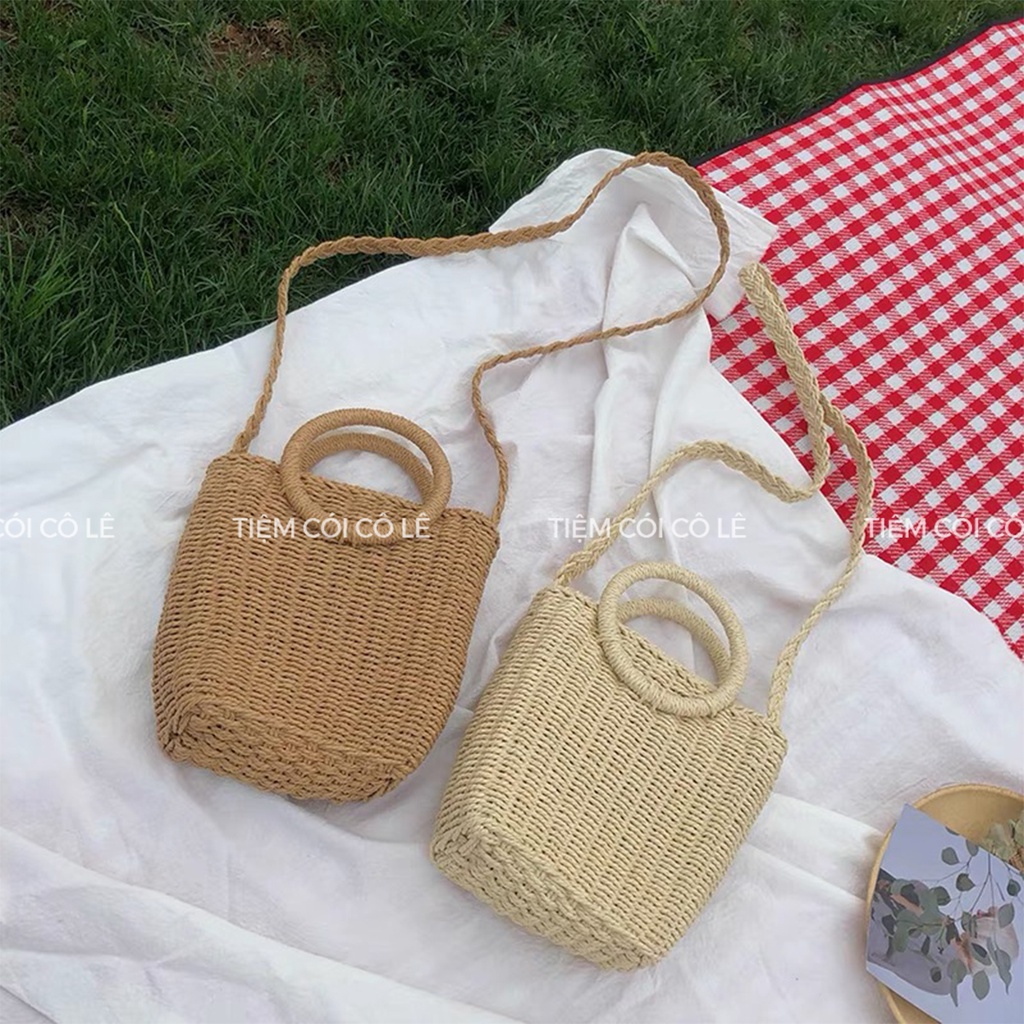 Túi cói đi biển dáng hộp đính nơ ren phong cách retro - Tiệm Cói Cô Lê