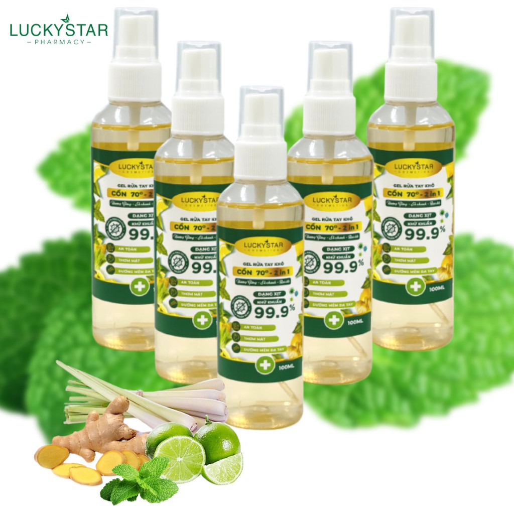 Xịt Khử Khuẩn Lucky Star 3 IN 1 Gừng Sả Chanh Bạc Hà combo 5 chai x 100ml