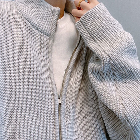 Áo Khoác Cardigan Dệt Kim Cổ Đứng Dáng Rộng Phối Khóa Kéo Thời Trang Thu Đông Cho Nam