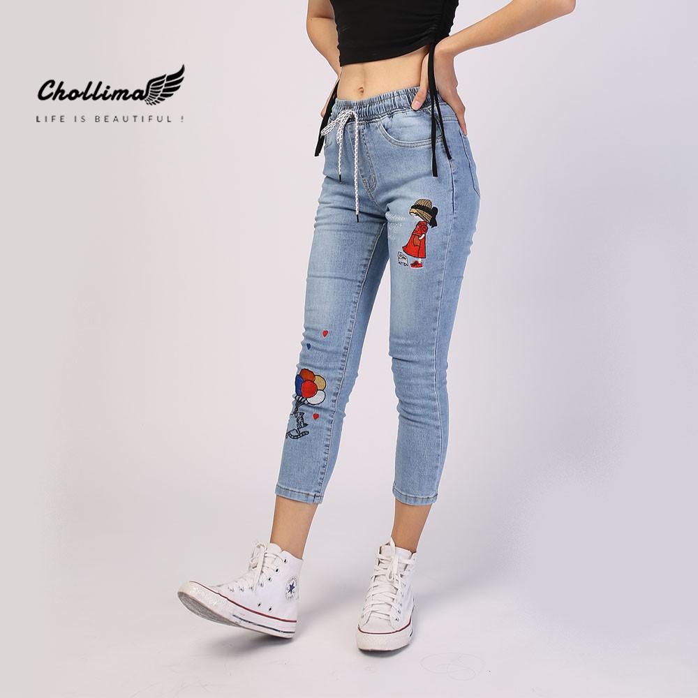 Quần jeans nữ lưng thun Chollima thêu cô gái QD021 - Quần bò 9 tấc lưng thun | BigBuy360 - bigbuy360.vn