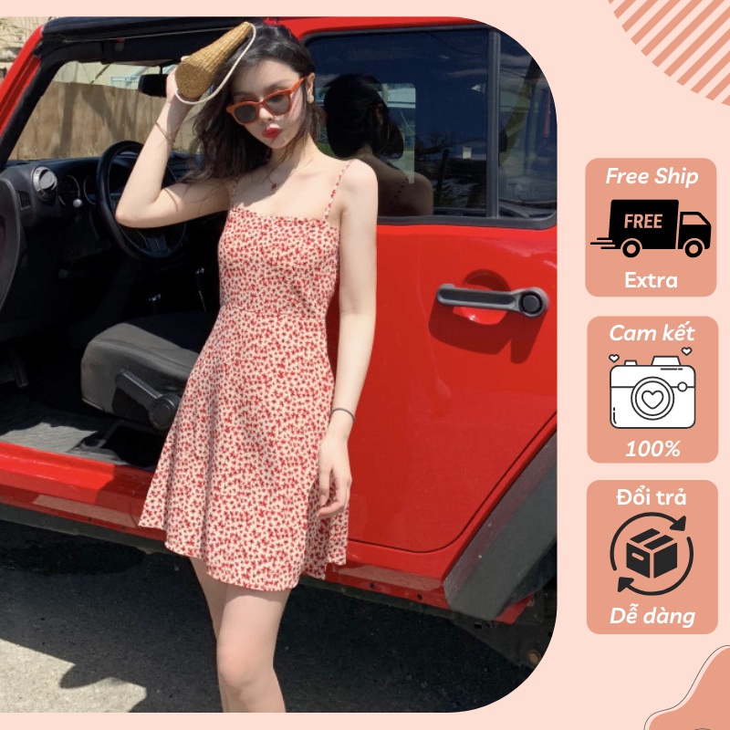 Đầm Hoa Đỏ Hai Dây Tôn Dáng Vải Thun Êm Ái Thoáng Mát Style Thời Trang Xuân Hè 2021 - MSP D05E