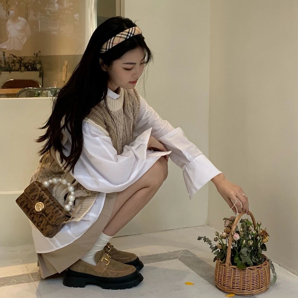 Set áo sơ mi dài tay cổ chữ V + áo len không tay phong cách Hàn Quốc cho nữ (có bán lẻ)