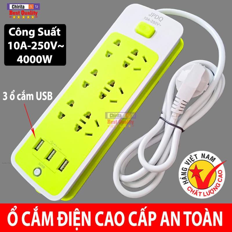 Ổ cắm điện đa năng 6 ổ cắm tích hợp 3 cổng USB phích cắm 2 chân đa năng an toàn