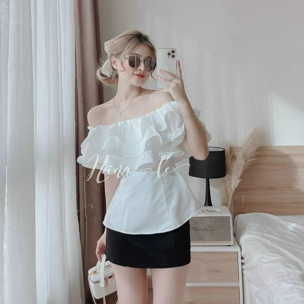 Set chân váy chữ A xinh xắn mix áo trễ vai xòe bèo xếp tầng đáng yêu cho nàng diện đi chơi, dự tiệc