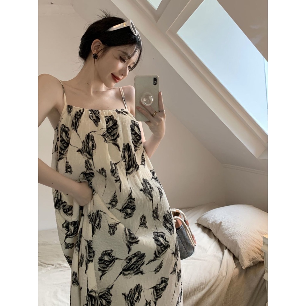 Đầm Chữ A Không Tay Hở Vai In Họa Tiết Thời Trang Phong Cách Hàn Quốc Cho Nữ