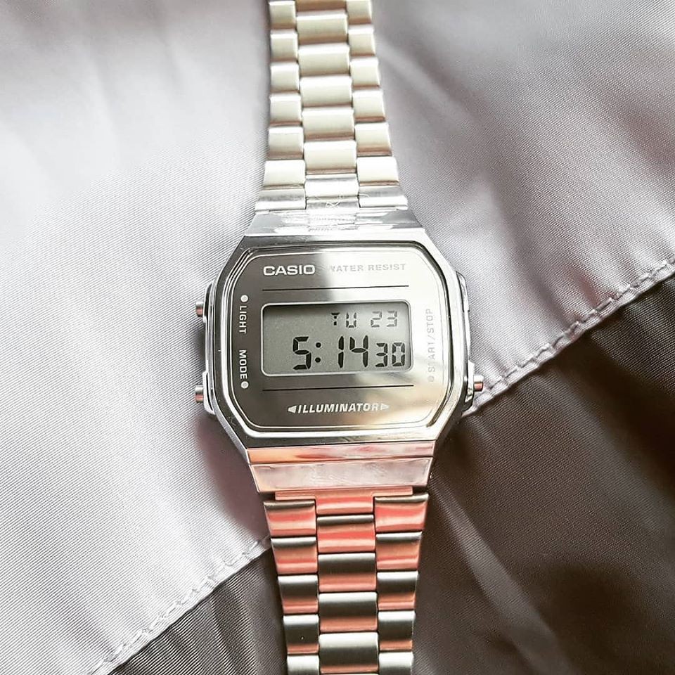 Đồng hồ chính hãng Nam Nữ Casio điện tử A168WEM-7 cổ điển mặt tráng gương bạc