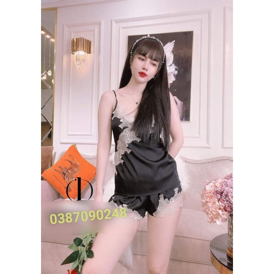 Bộ ngủ lụa hai dây viền ren chéo ngực sexy quảng châu cao cấp hàng sẵn M621