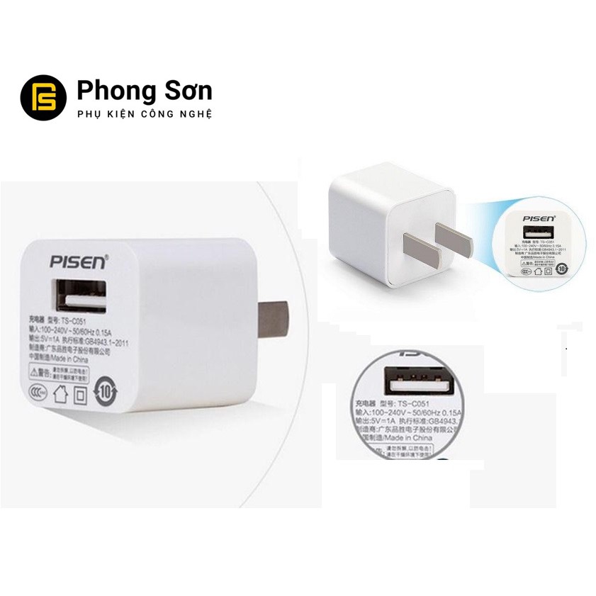 Combo Bộ cáp sạc 1A pisen ( Sạc 1A + cáp cho Ip5/6/7/8/X)