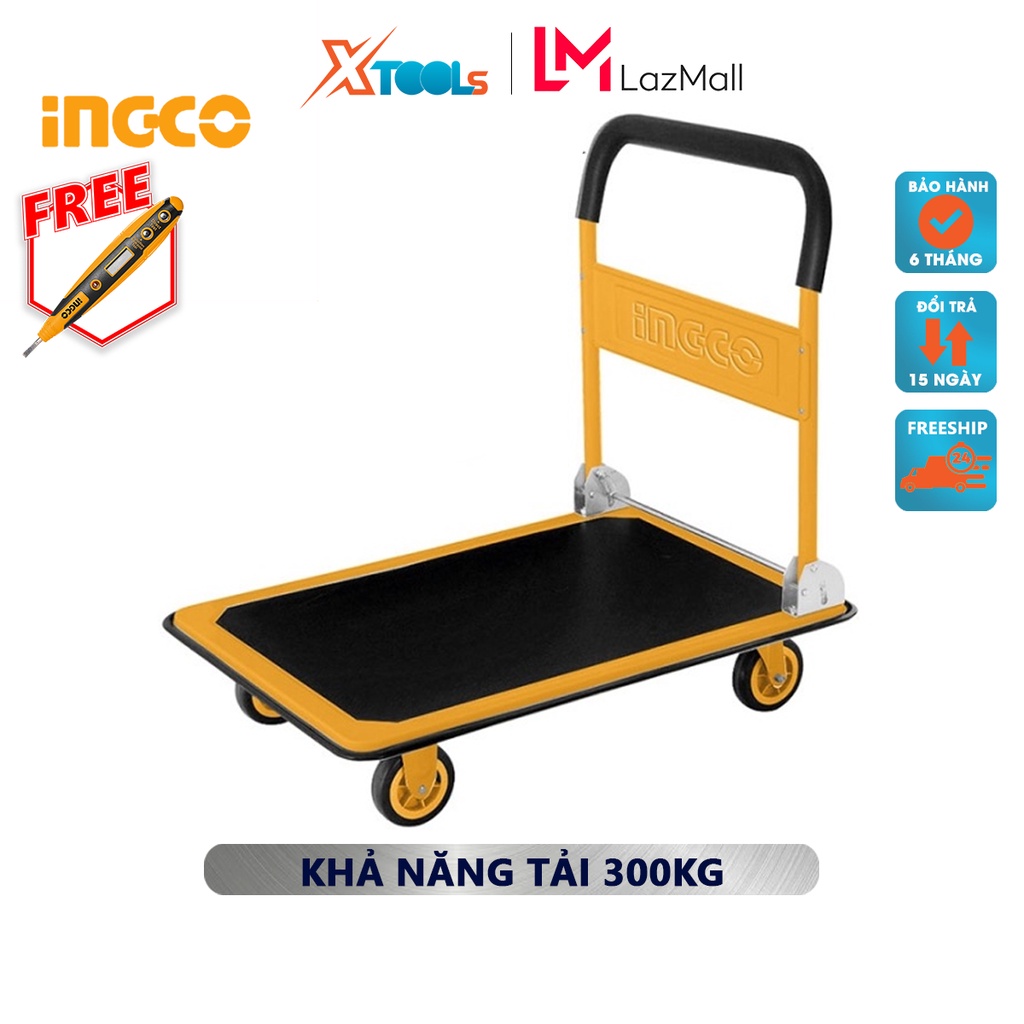 Xe đẩy hàng 4 bánh gấp gọn INGCO HPHT13002 xe đẩy kéo hàng 820x195x907x608mm, Khả năng tải 300 kg, tay cầm thép bền, êm