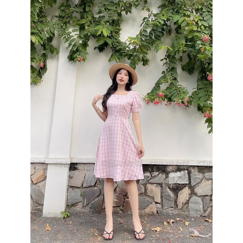 Đầm xòe Lina caro 0144 cổ vuông trẻ trung CIN HOUSE