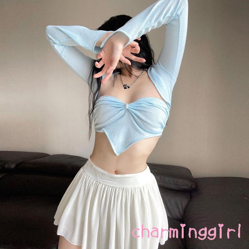 Áo Croptop Sát Nách Màu Sắc Trơn Trang Trí Ngọc Trai Giả Cổ Khoét Sâu Quyến Rũ Cho Nữ