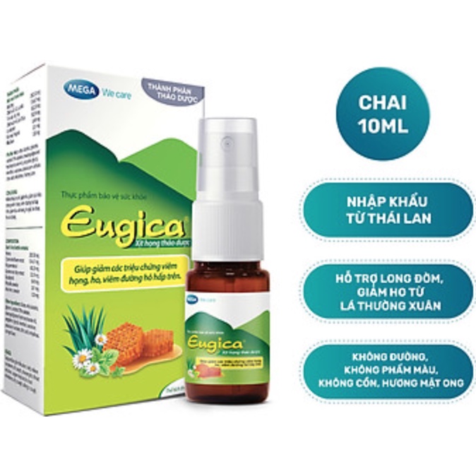 Xịt họng Eugica - Hỗ trợ nhuận phế, giảm ho, giảm đau rát họng giảm các chứng viêm họng, viêm đường hô hấp trên 10ml
