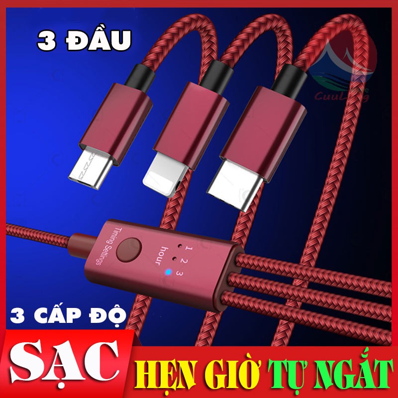 Cáp Sạc Tự Ngắt 3 Đầu Đa Năng, Chống Chai Pin, Hẹn Giờ Thông Minh, cáp tự ngắt 3 Đầu Sạc Lightning Type C Micro USB