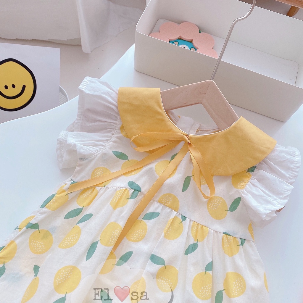 Váy bé gái cổ sen quả chanh vàng - đầm bé gái tay bèo cánh tiên siêu xinh cho bé từ 8 đến 20 kg
