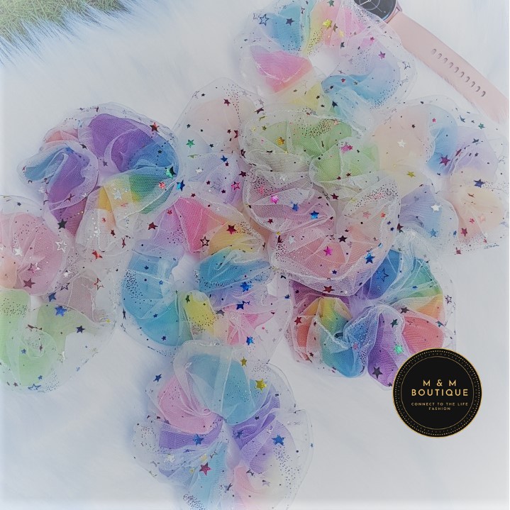 Dây cột tóc vải Scrunchies Galaxy/ Cầu vòng 2 lớp, lưới HQ cao cấp – Hè 2021 - M & M Boutique