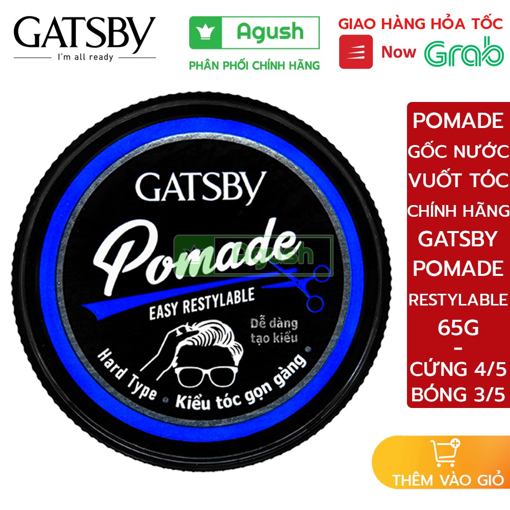 Pomade gốc nước vuốt tạo kiểu tóc Gatsby Hair gel Pomade Easy Restylable Hard Type waterbase 65g bóng thơm hương hoa quả
