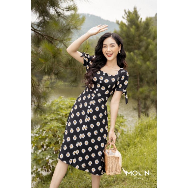 đầm hoa cúc đen tay bo cột nơ