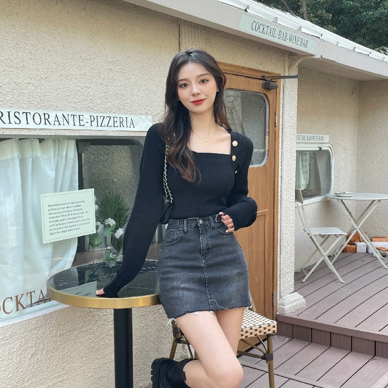 Áo sweater dệt kim ZHELIHANGFEI tay phồng cổ vuông trẻ trung gợi cảm thời trang