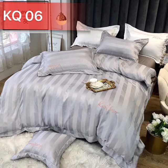 Set chăn ga gối lụa kẻ sọc KQ khách sạn.