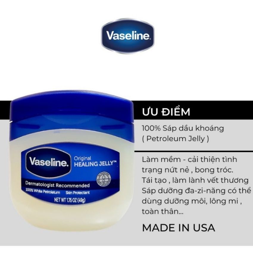 Sáp dưỡng ẩm Vaseline, kem nẻ Vaseline Mỹ 100% Pure Petroleum Jelly Original 49g - Đa Năng