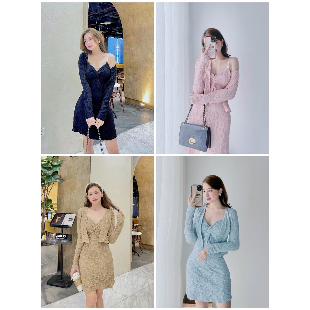 SET ĐẦM 2 DÂY XOĂN NGỰC + KHOÁC CROPTOP