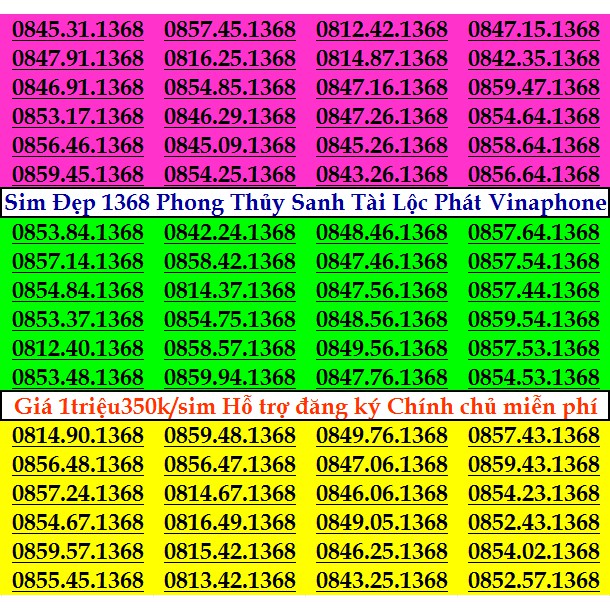 Sim Đẹp VINA Phong thủy 1368 Nhất Tài Lộc Phát GIÁ 1 triệu 350k HỖ TRỢ ĐĂNG KÝ CHÍNH CHỦ MIỄN PHÍ