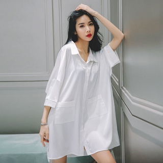 Váy sơ mi mặc nhà - đầm ngủ sơ mi dáng suông dài basic vintage Hàn Quốc đơn giản nhẹ nhàng B95
