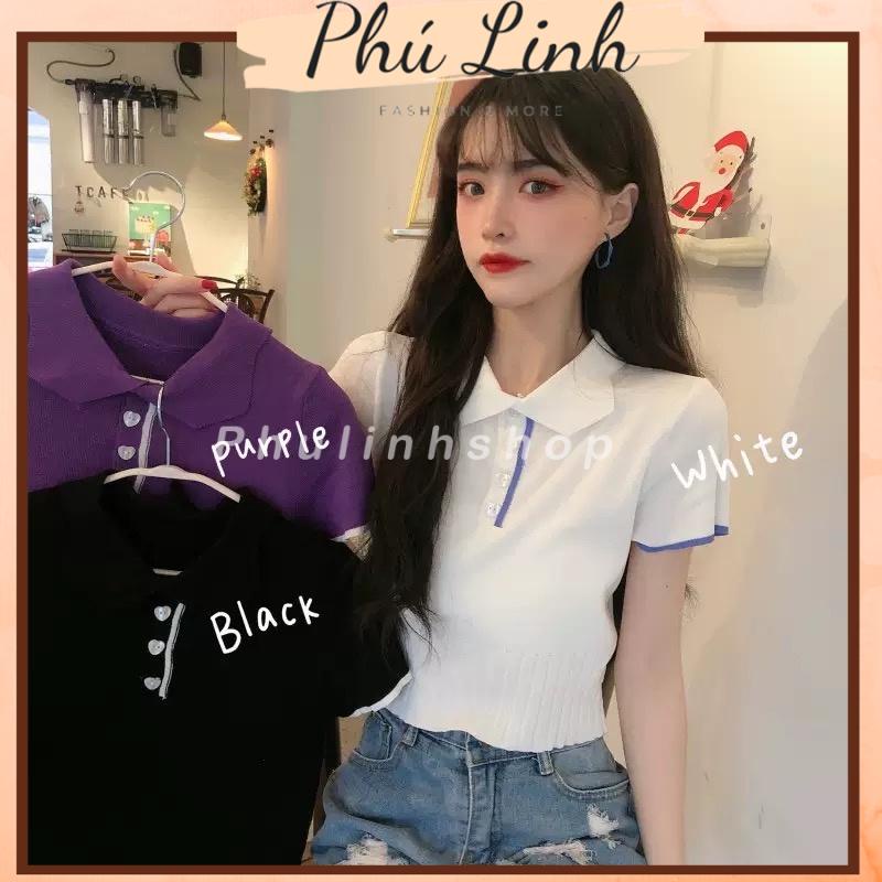MS552 Áo polo len nữ cổ sen viền màu khuy trái tim