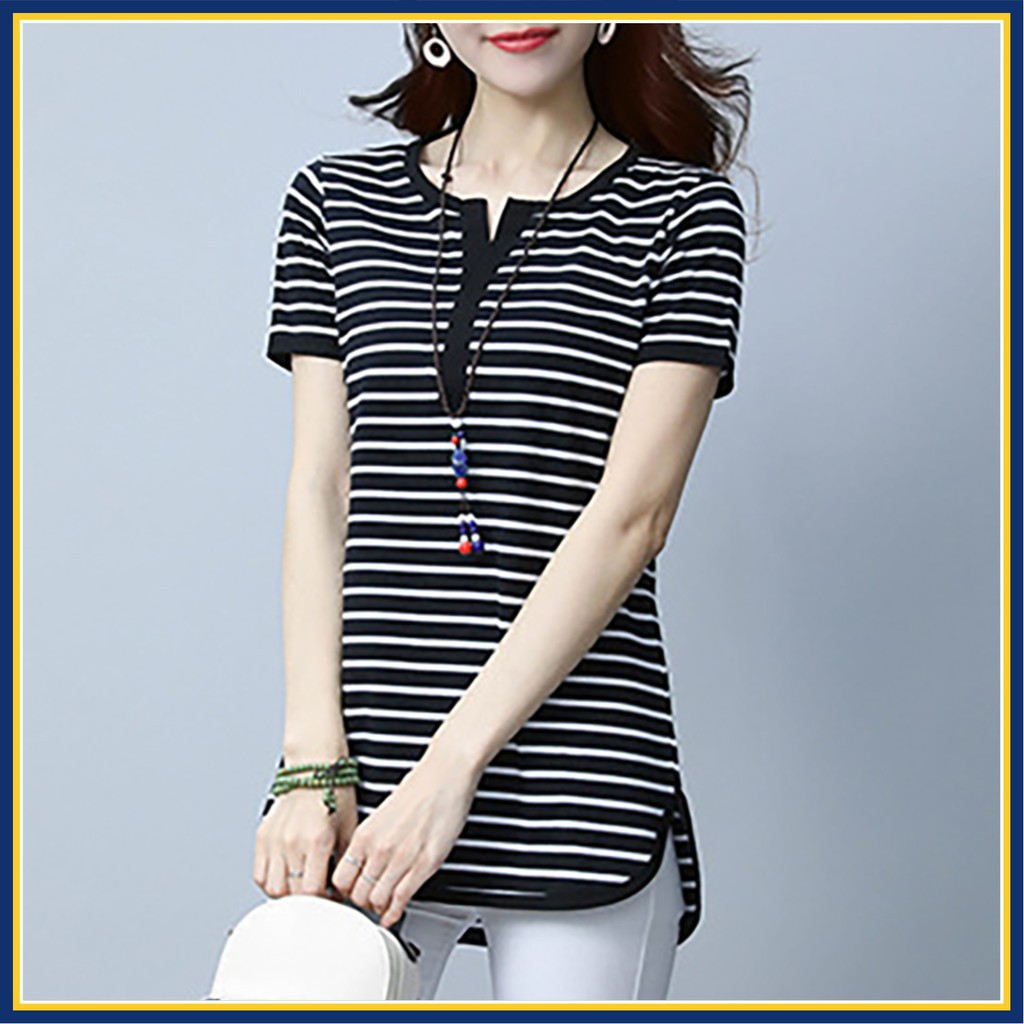 Áo thun nữ thời trang tay ngắn, sọc cotton đen trắng. Làm đồ đi chơi, đồ công sở, đồ mặc nhà, đồ đi ngủ.