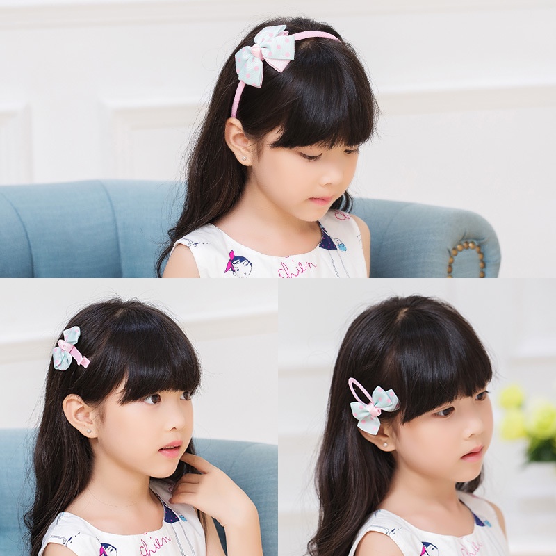 Bờm kẹp tóc phối nơ bọc vải cho bé set 7 chi tiết đáng yêu HadyyKids - B01
